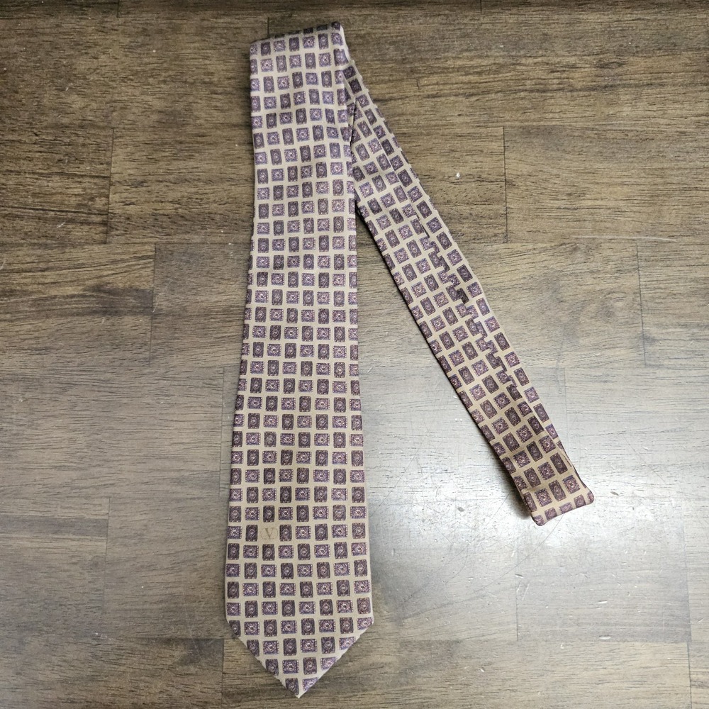 VTG La Cravat By Valentino Beige Brown Tie Geometric Made In Italy 100% Silk